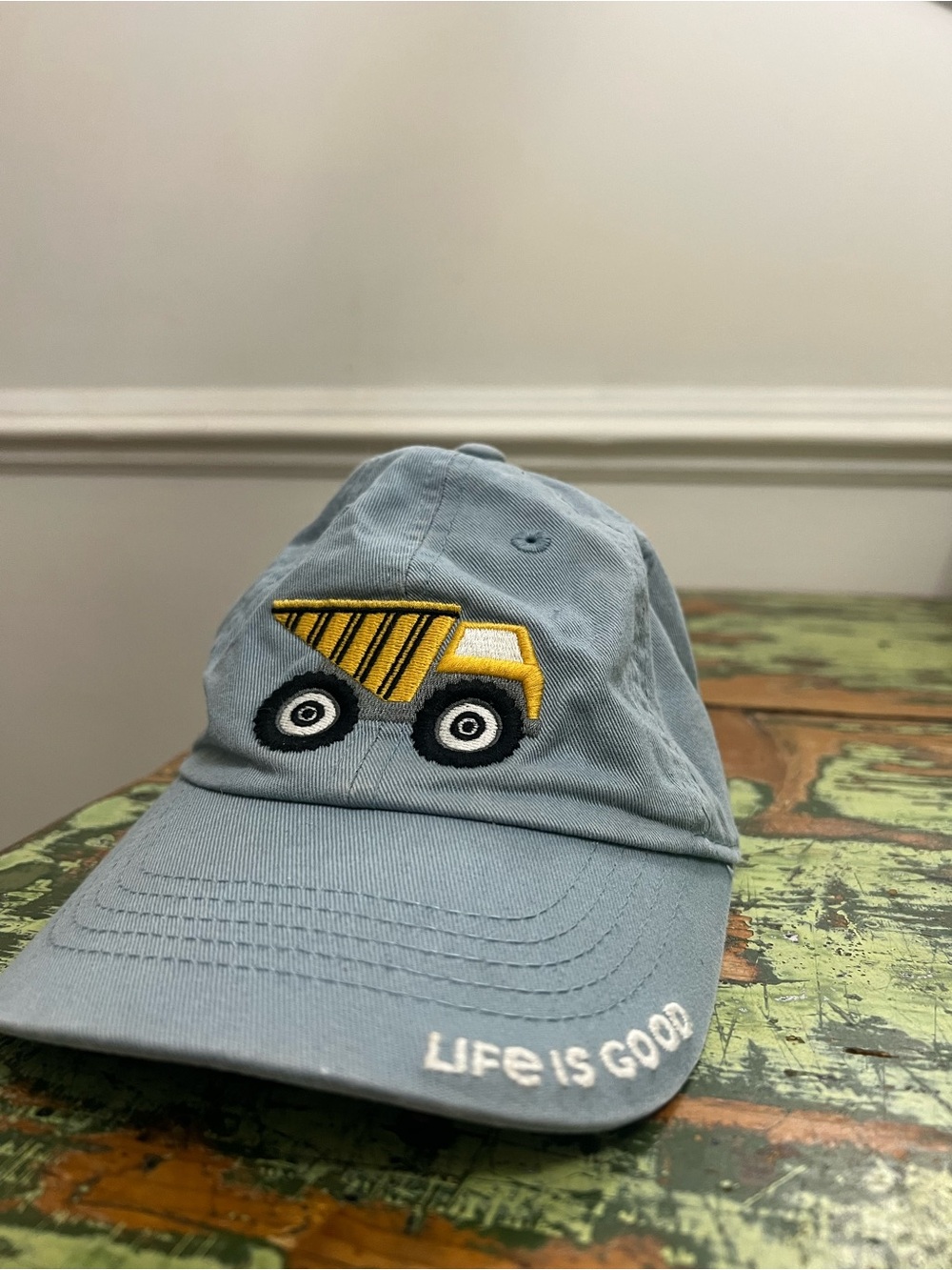 Life Is Good Light Blue Kids' Hat with Yellow Dump Truck Patch